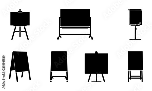 Black whiteboard and easel silhouettes, flat icons, slide background