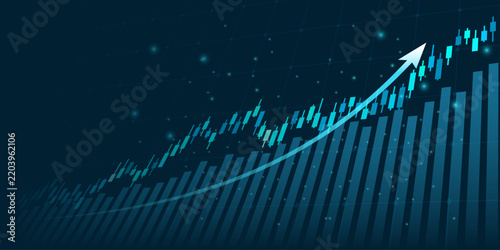technology financial graph with uptrend line arrow and bar chart of stock market on blue color background