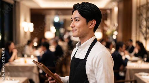 Obraz na płótnie 飲食店ホールスタッフの日本人男性のポートレート（希望に満ちた横顔・職場背景）