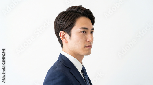 Obraz na płótnie 営業職の日本人男性のポートレート（真剣な横顔の顔写真・白背景）