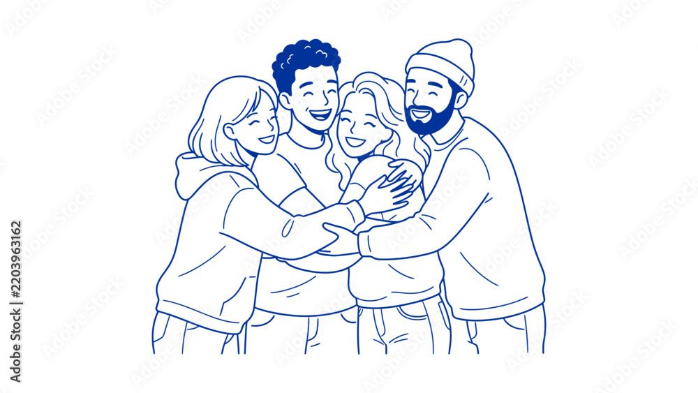 Fototapeta premium Happy group of diverse friends embracing warmly together demonstrating strong social bonding and mutual affection during a joyful gathering representing unity and community spirit among young
