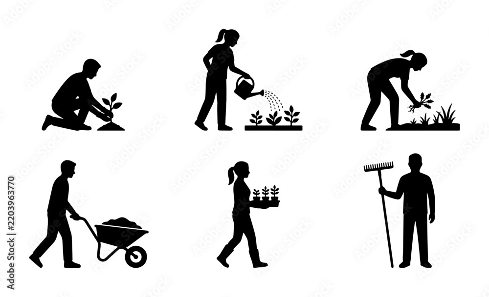 Fototapeta premium Black and white gardening people silhouettes, flat style graphic