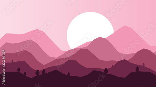 Soft pink and magenta flat minimal mountain landscape background