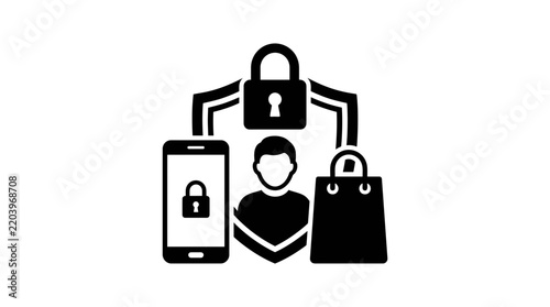 Personal privacy shopping icon with lock and bag.