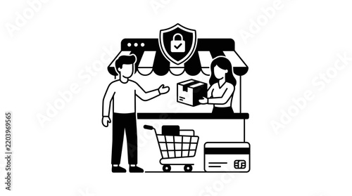 Secure customer service at retail store counter with clerk.