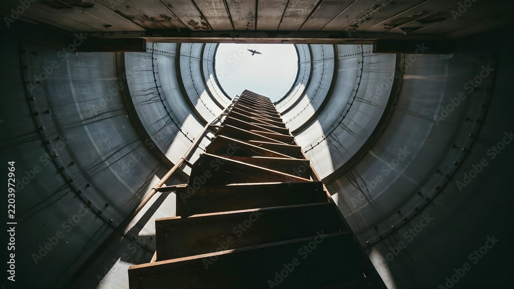 Fototapeta premium View from Inside of Industrial Cooling Tower with Ladder and Sky