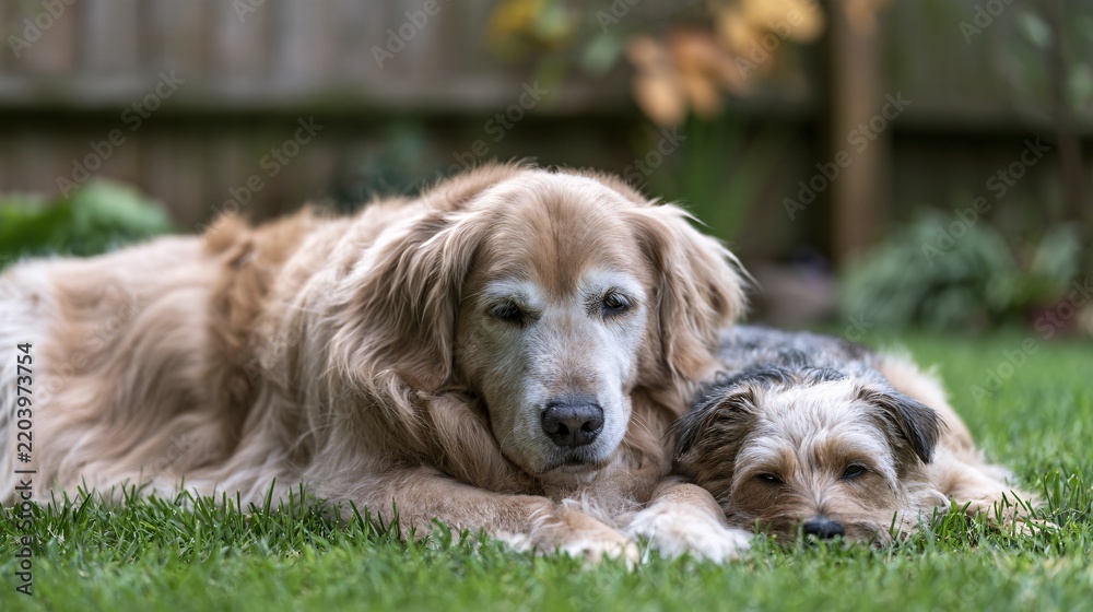 Fototapeta premium Golden retriever lying calmly in a grassy backyard with a small terrier curled beside it, soft fur