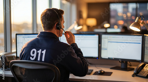 backview emergency dispatcher in 911 jacket with headset answering urgent calls at computer cinematic golden hour lighting with beautiful bokeh background