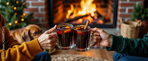 Couple toasting mulled wine by fireplace with sleeping dog for cozy winter holiday blogs, sustainable lifestyle websites and festive home decor inspiration