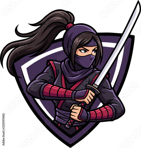 Female Ninja Warrior Mascot Logo with Katana Sword and Shield Badge — Fierce Woman Fighter Cartoon