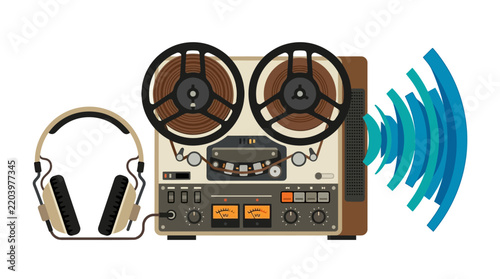 Vector illustration of a reel-to-reel tape recorder with headphones and sound waves isolated on transparent background