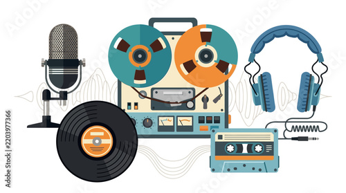 Vector illustration of vintage audio equipment with microphone headphones and vinyl record on transparent background