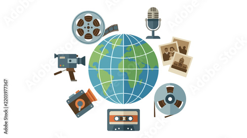 Vector illustration of a globe surrounded by media icons representing global communication and entertainment
