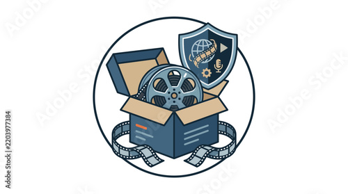 Vector illustration of a film reel and security shield emerging from an open box on transparent background