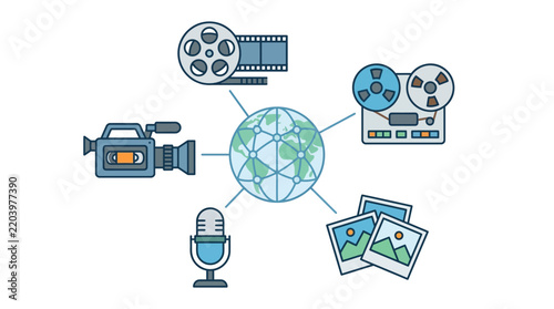 Vector illustration of media and technology devices connected around a globe for digital preservation and communication
