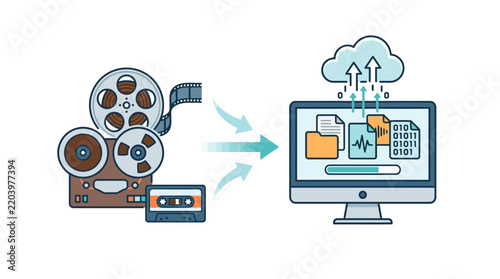 Vector illustration of vintage film projector transferring digital data to computer screen isolated on transparent background
