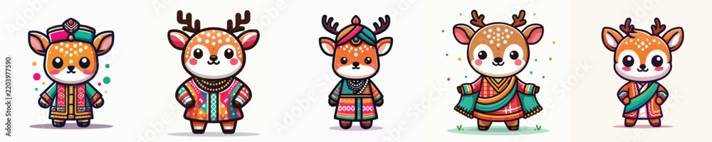 Obraz premium Cute Reindeer Character In Traditional Colorful Dress Illustration Set