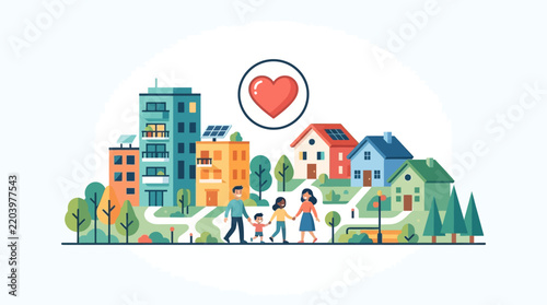 Family walking together in modern suburban neighborhood with transparent background