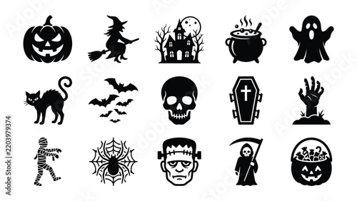 Photography Halloween Icons Collection: A spooky compilation of classic Halloween symbols, including a grinning jack-o'-lantern, a cackling witch, a haunted mansion, a bubbling cauldron, a friendly ghost