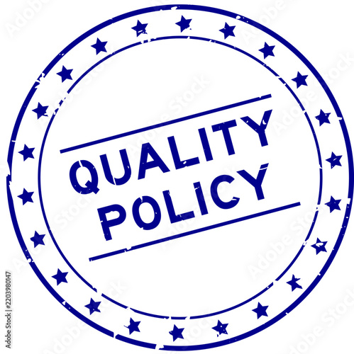 Grunge blue quality policy word round rubber seal stamp on white background