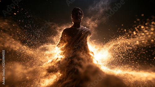 Ancient Classical Statue Disintegrating into Glowing Golden Particles