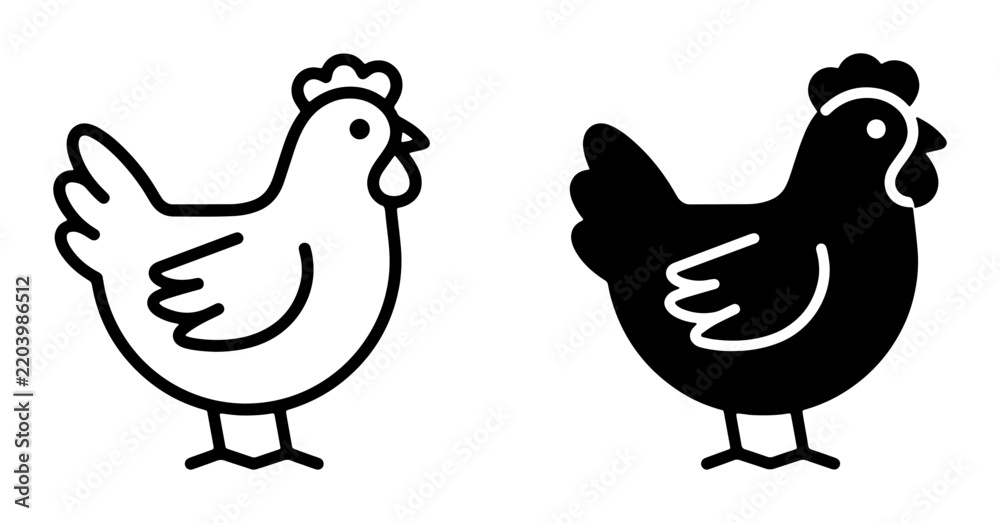 Fototapeta premium Simple Chicken Icons, Farm Animal Vector Graphics, Black and White Poultry Illustrations for Livestock and Agriculture Concepts
