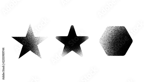 Grainy gradient geometric shape vector set with stipple noise texture star and hexagon icon isolated on white background
