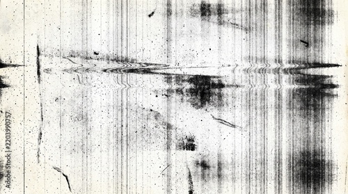 Grungy black and white photocopy texture with heavy vertical scan lines central distortion noise particles damaged paper print artifact and vintage dirty background for abstract overlay design