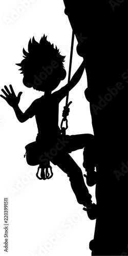 vector silhouette of a boy climbing a steep rock wall with safety gear. Perfect for outdoor sports, adventure, and extreme activity designs.