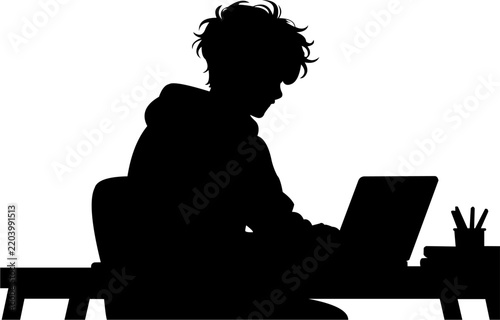 Minimalist silhouette vector of a man working on a laptop at his desk. Perfect for technology, remote work, education, and freelance designs with transparent background