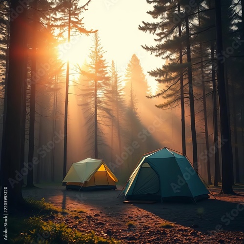 Two camping tents in misty forest with golden sun rays