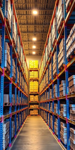 Tall warehouse aisle with stacked boxes on storage racks