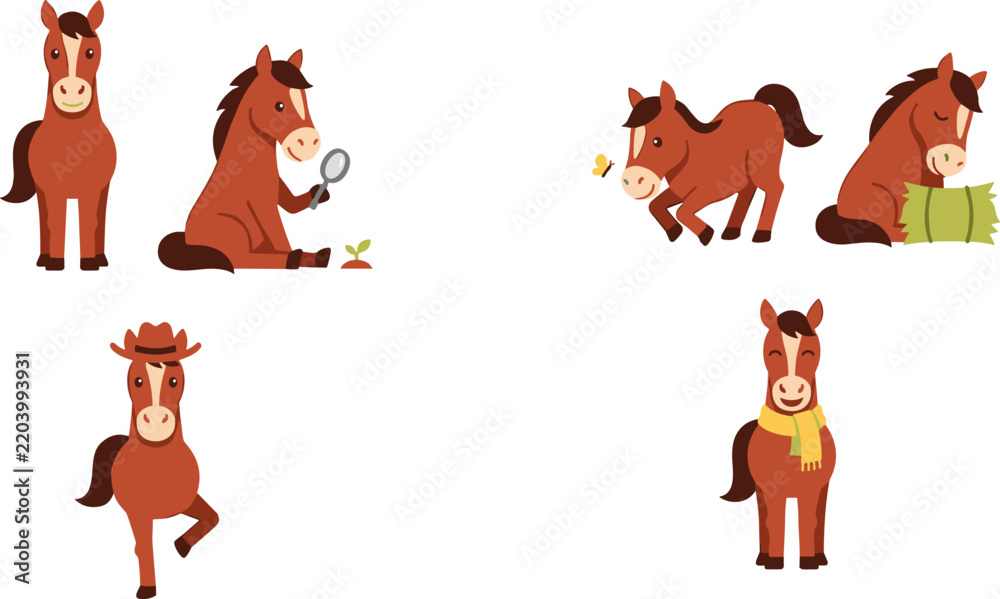 Obraz premium Cute Little Brown Horse Vector Character Icon Set featuring Activities like Holding a Magnifying Glass Wearing a Cowboy Hat and Chasing Butterfly