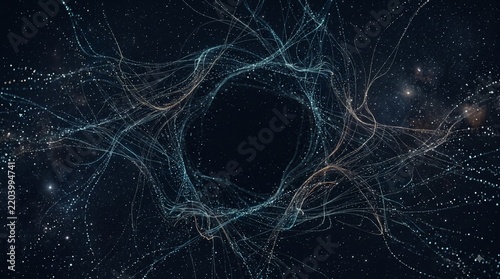 Abstract Cosmic Energy Flow: A mesmerizing abstract visualization of cosmic energy, depicting swirling luminous particles and ethereal pathways forming a dynamic vortex against a dark.