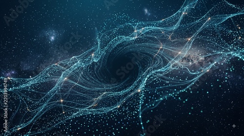 Cosmic Vortex of Data: An abstract visualization of a swirling vortex, representing the flow of information or a black hole, composed of glowing interconnected particles against a starry backdrop.