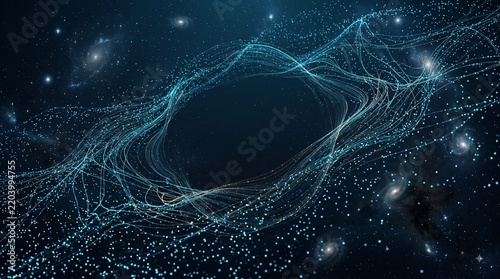 Cosmic Anomaly: An abstract depiction of a gravitational anomaly or spacetime distortion, surrounded by swirling particles and distant galaxies, evoking wonder and mystery.