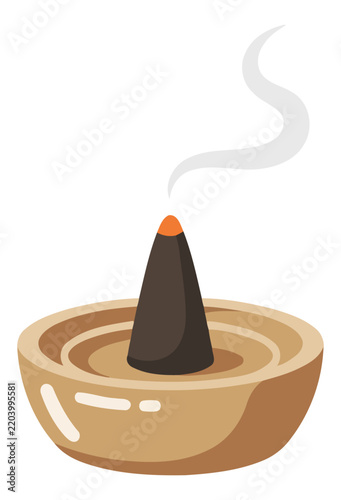 Burning incense cone in a small ceramic holder with rising smoke, vector illustration of a relaxing aromatherapy and meditation accessory