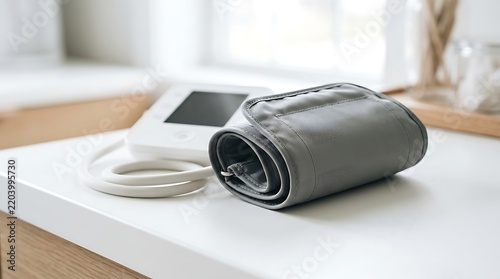 Digital blood pressure monitor on white table, medical tonometer with grey cuff for hypertension check, healthcare equipment for home heart rate monitoring