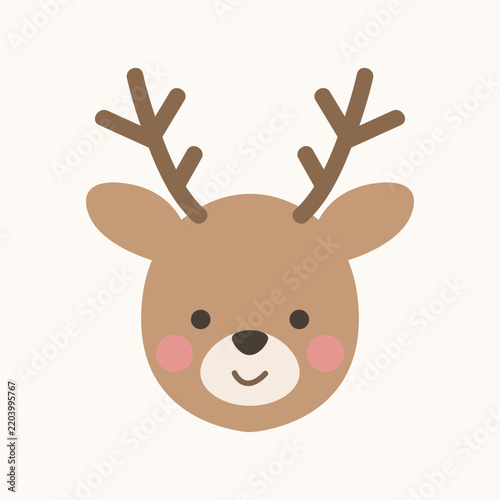Adorable vector icon of a smiling baby reindeer head with antlers and rosy pink cheeks, perfect for winter holiday designs, kids apparel, scrapbooking, and patterns.