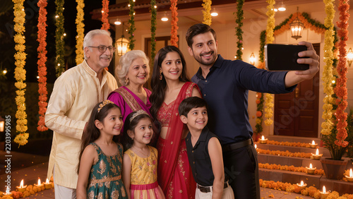 Happy multi-generation Indian family taking selfie together during Diwali festival celebration