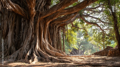Banyan tree roots form natural pathway in forest
