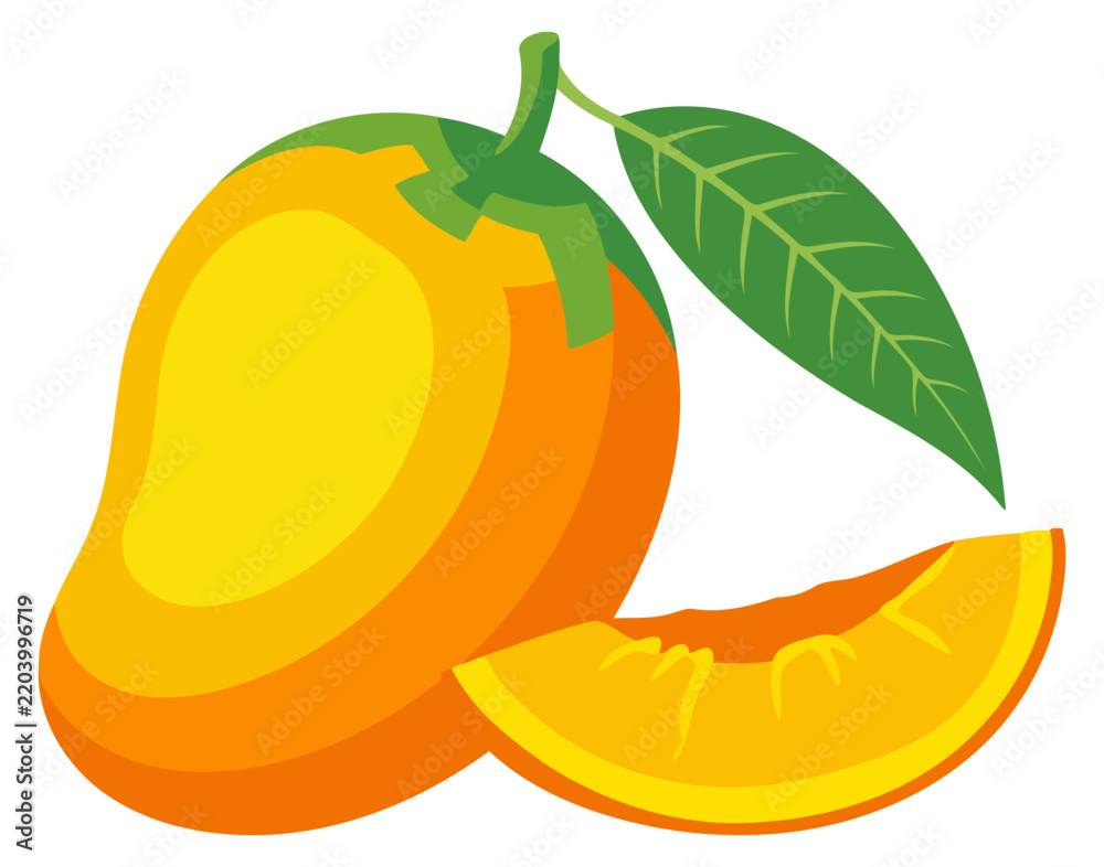 Obraz premium Fresh ripe mango fruit with a slice and green leaf