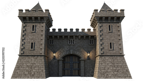 Massive stone castle gatehouse with two towers and wooden doors, isolated on transparent background