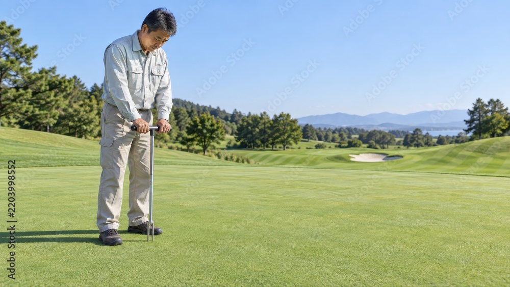 Obraz premium A golf superintendent checks turf with an upright moisture probe on an open putting green overlooking rolling fairways before planning irrigation