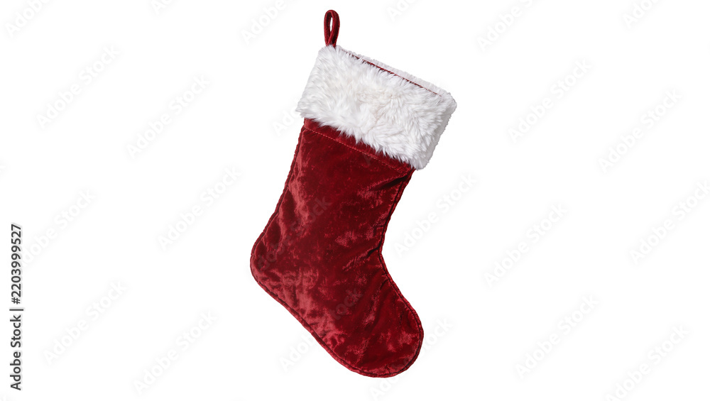 Fototapeta premium Plush red velvet Christmas stocking with white faux fur trim, isolated on transparent background