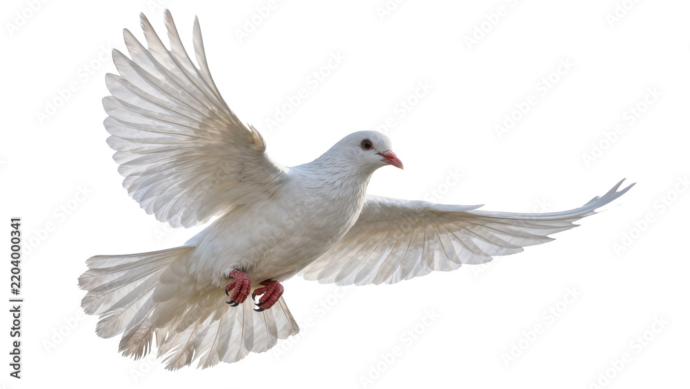 Fototapeta premium Graceful white dove with spread wings in flight, isolated on transparent background