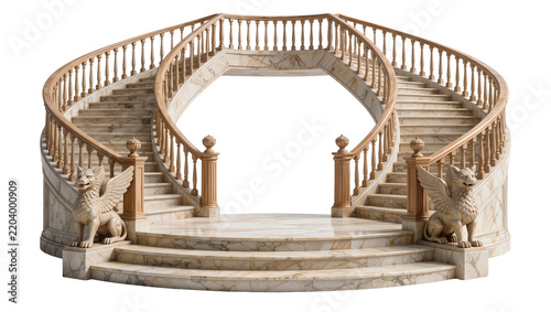 Grand marble spiral staircase with wooden balustrade and griffins, isolated on transparent background