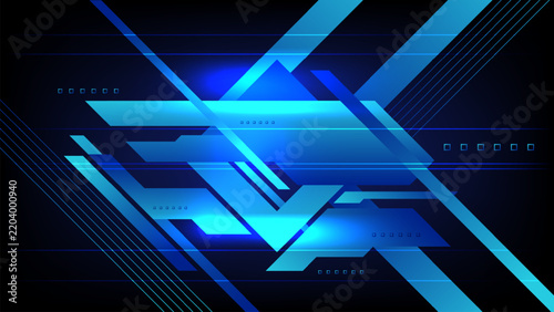 Abstract technology background with geometric blue shapes, neon glow, diagonal lines, futuristic layers, and digital elements on a dark modern backdrop