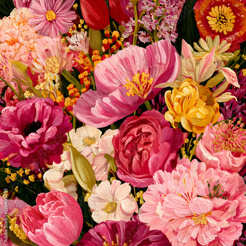 Beautiful Colorful Flowers Bouquet, Floral Botanical Background, Spring Nature Illustration