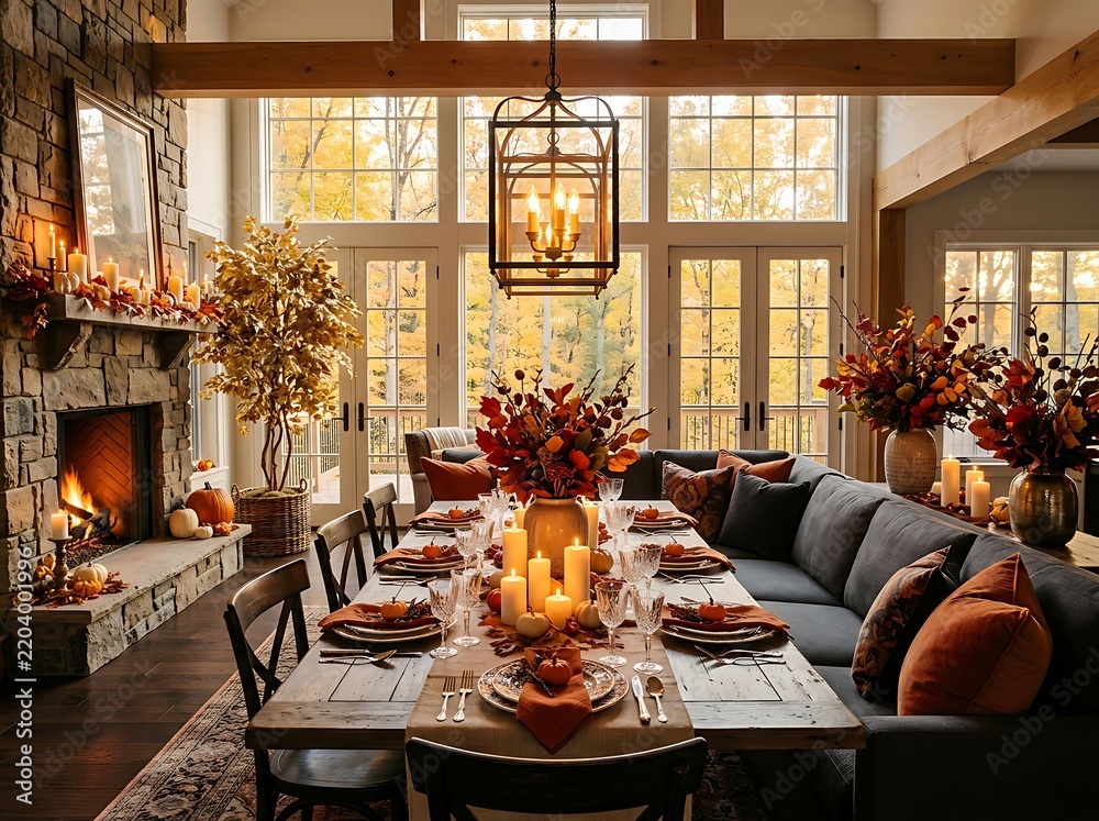 Obraz premium Cozy autumn dining room with fireplace and fall decor